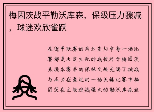 梅因茨战平勒沃库森，保级压力骤减，球迷欢欣雀跃