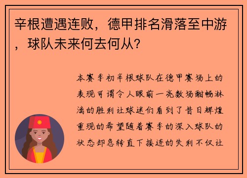 辛根遭遇连败，德甲排名滑落至中游，球队未来何去何从？